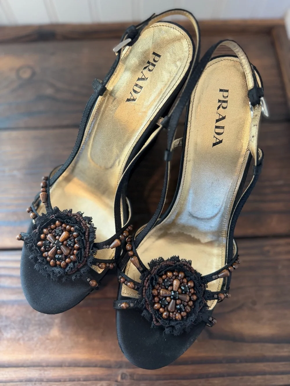 Prada Y2K Black Satin Brown Beaded Flower Platform Slingback Wedges